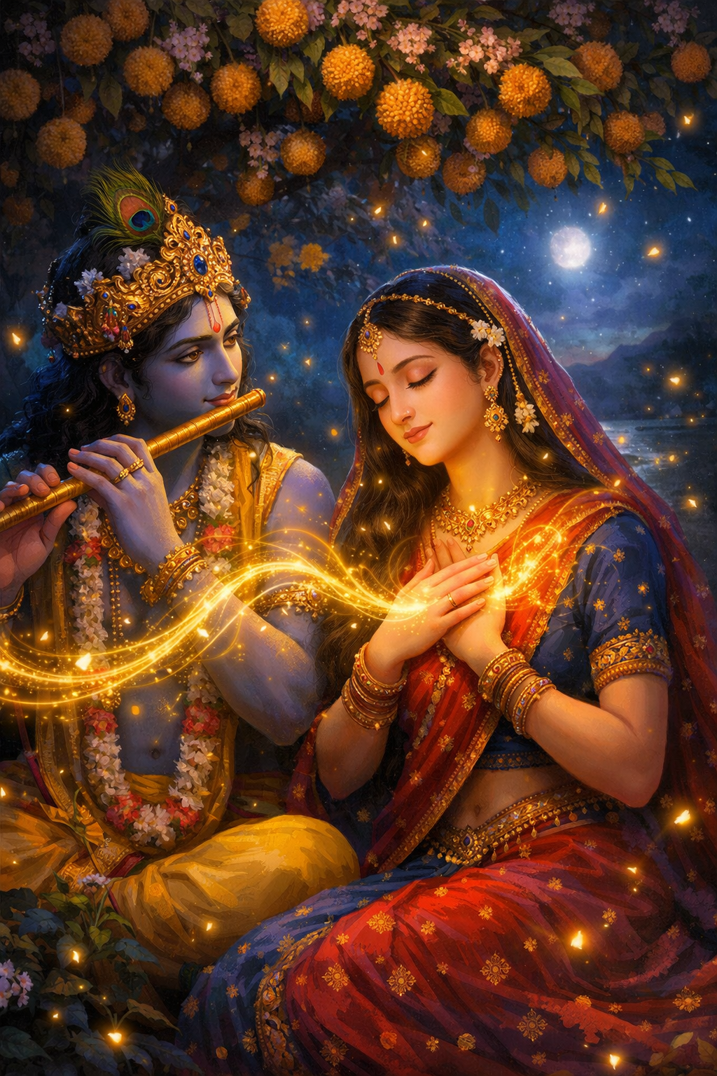Krishna playing flute for Radha under kadamba tree at night with golden musical light and fireflies